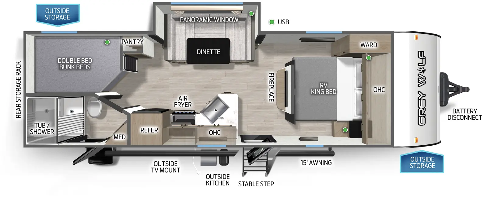 The Cherokee Black Label 23DBHBL floorplan has two entries and one slide out. Exterior features include: fiberglass exterior, 15' awning and outside kitchen. Interiors features include: bunk beds, u-dinette and front bedroom.